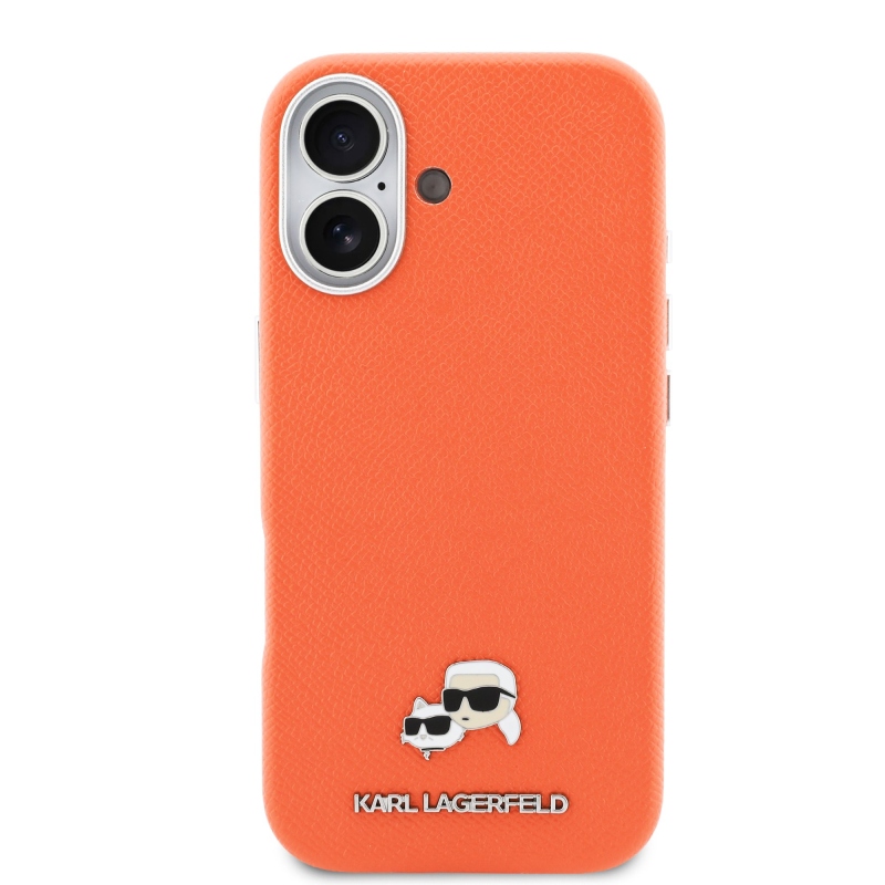 Karl Lagerfeld PU Karl és Choupette fejek tűk MagSafe hátlap iPhone 17 narancssárga borítóhoz