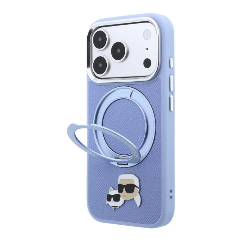 Karl Lagerfeld PU Grained K&CH Heads Ring Stand Magsafe hátsó tok iPhone 18 Pro-hoz, kék