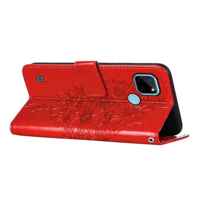 Pillangók PU bőr pénztárca tok mobiltelefonhoz Realme C21Y/C25Y - piros