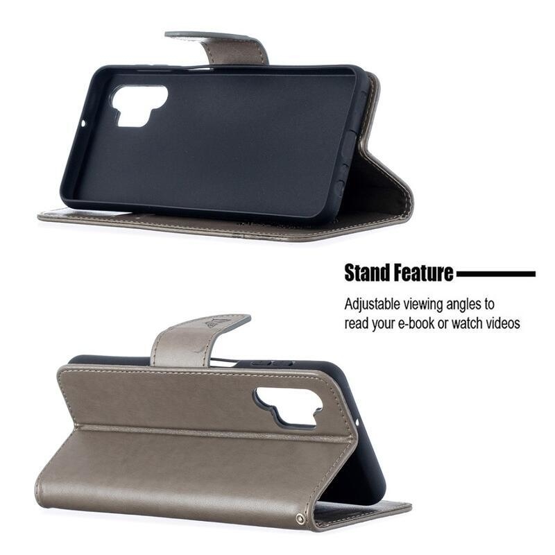 Pillangók PU bőr pénztárca tok Samsung Galaxy A32 5G - szürke