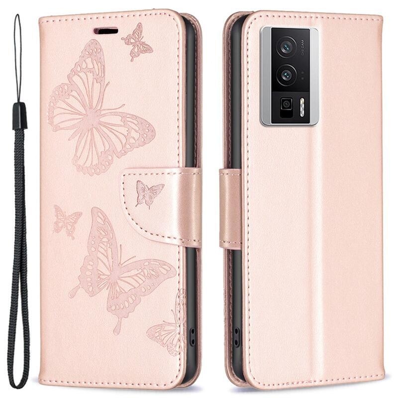 Pillangó könyv tok a Xiaomi Poco F5 Pro-hoz - rózsaarany színben