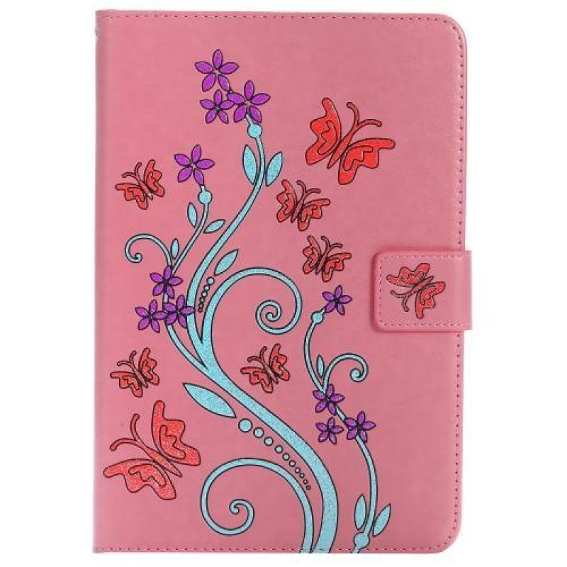 Pillangó PU bőr könyvtáska iPad mini, iPad mini 2, iPad mini 3 - rózsaszínű
