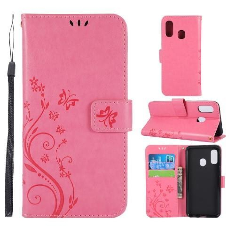 Pillangó PU bőr pénztárca tok Samsung Galaxy A20e - rózsaszínű