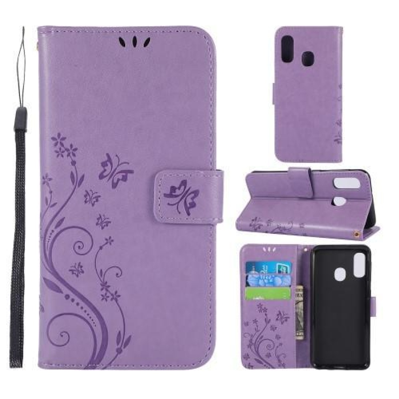 Pillangó PU bőr pénztárca tok Samsung Galaxy A20e készülékhez - világos lila