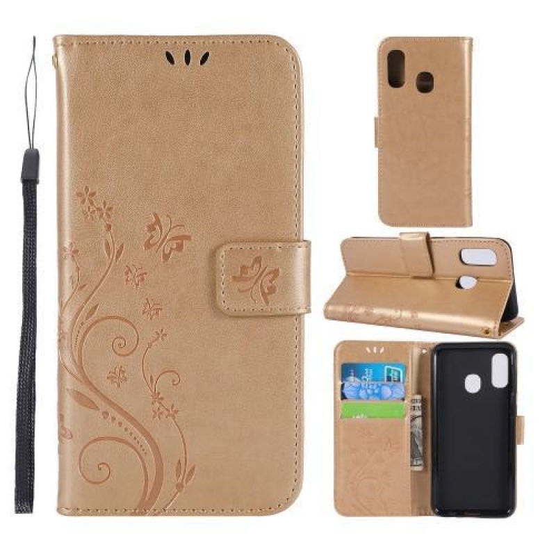 Pillangó PU bőr pénztárca tok Samsung Galaxy A20e készülékhez - arany színben