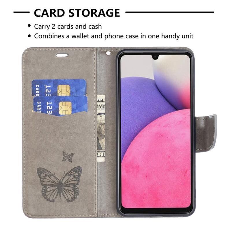 Pillangó PU bőr pénztárca tok Samsung Galaxy A33 5G-hez - szürke