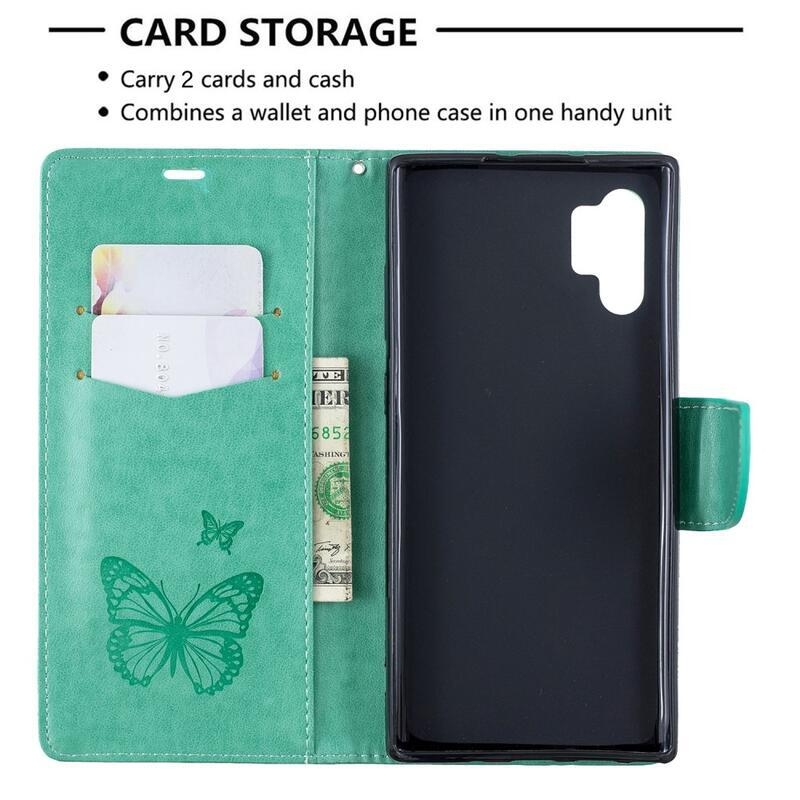 Pillangó PU bőr pénztárca tok Samsung Galaxy Note 10 Plus-hoz - zöld