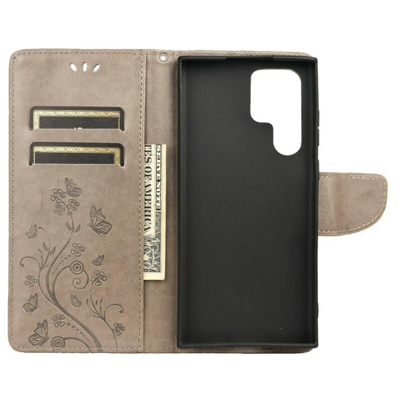 Pillangó PU bőr pénztárca tok Samsung Galaxy S22 Ultra 5G - szürke