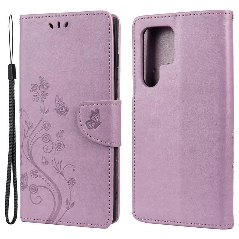 Pillangó PU bőr pénztárca tok Samsung Galaxy S22 Ultra 5G - világos lila