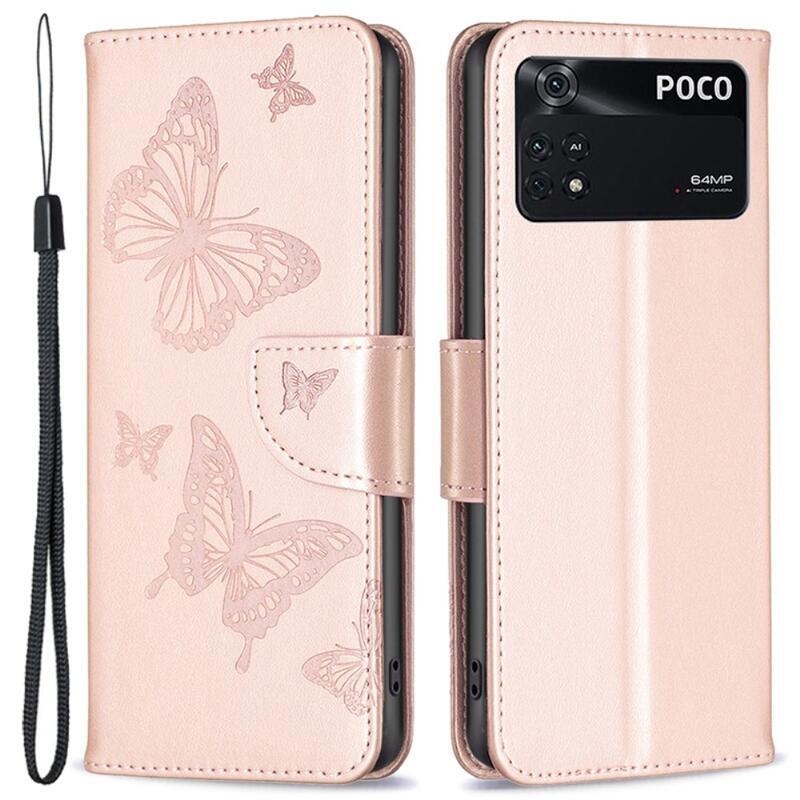 Pillangó PU bőr pénztárca tok Xiaomi Poco M4 Pro 4G - rózsa arany