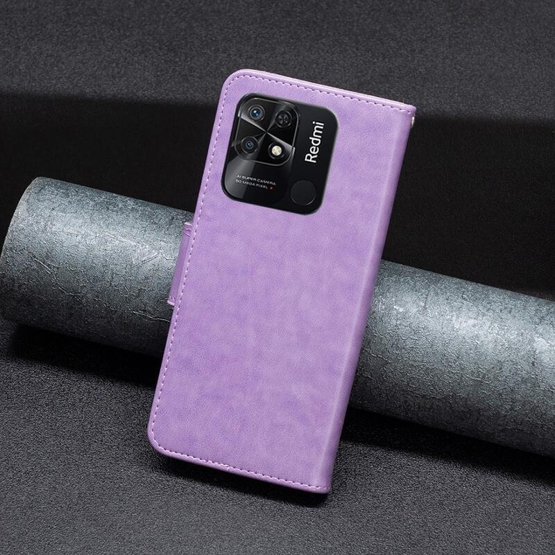 Pillangó PU bőr pénztárca tok Xiaomi Redmi 10C-hez - lila