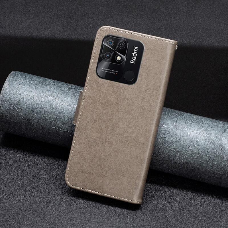 Pillangó PU bőr pénztárca tok Xiaomi Redmi 10C-hez - szürke