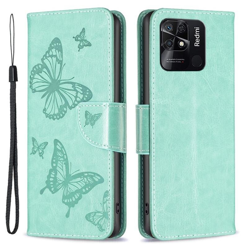 Pillangó PU bőr pénztárca tok Xiaomi Redmi 10C-hez - zöld