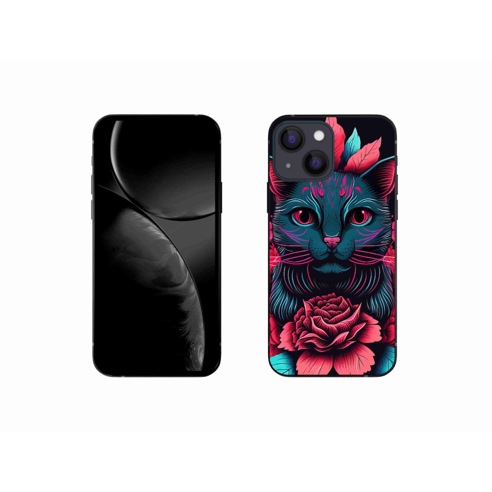 Zselés borító mmCase iPhone 13 mini készülékhez - virágok és macska