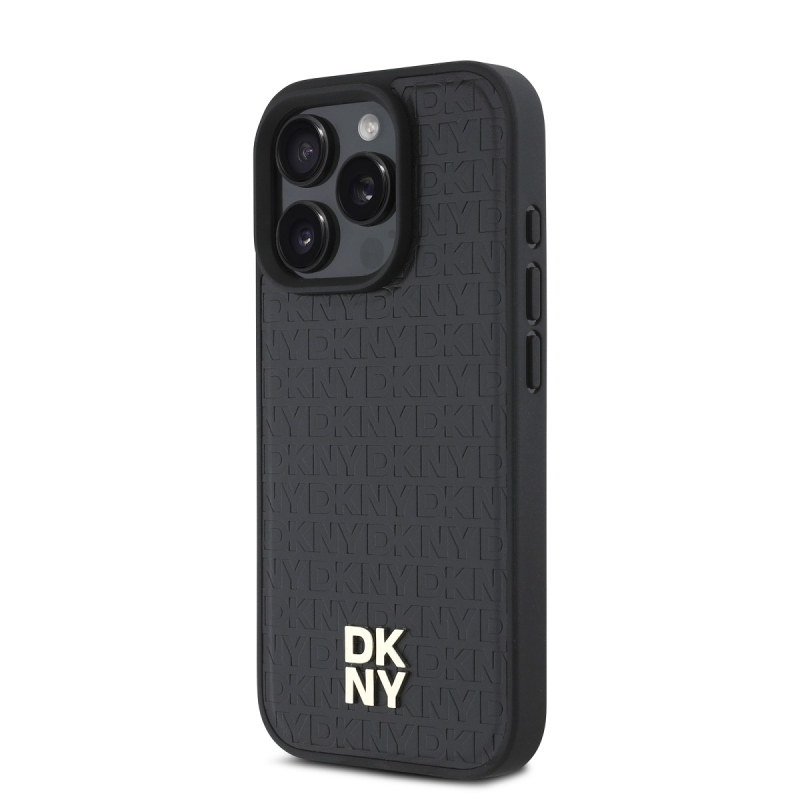 DKNY PU bőr Ismétlődő mintás Stack Logo MagSafe hátlap iPhone 16 Pro Max-hoz Fekete