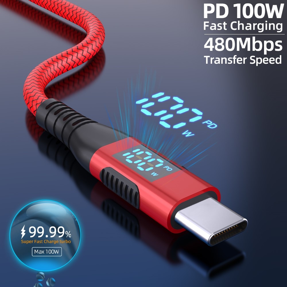 Nejlon USB-C / USB-C kijelzőkábellel 1m 100W - piros