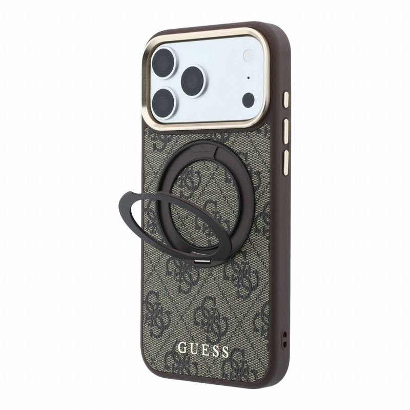 Guess PU 4G Ring Stand MagSafe hátsó tok iPhone 18 Pro Max-hoz, barna