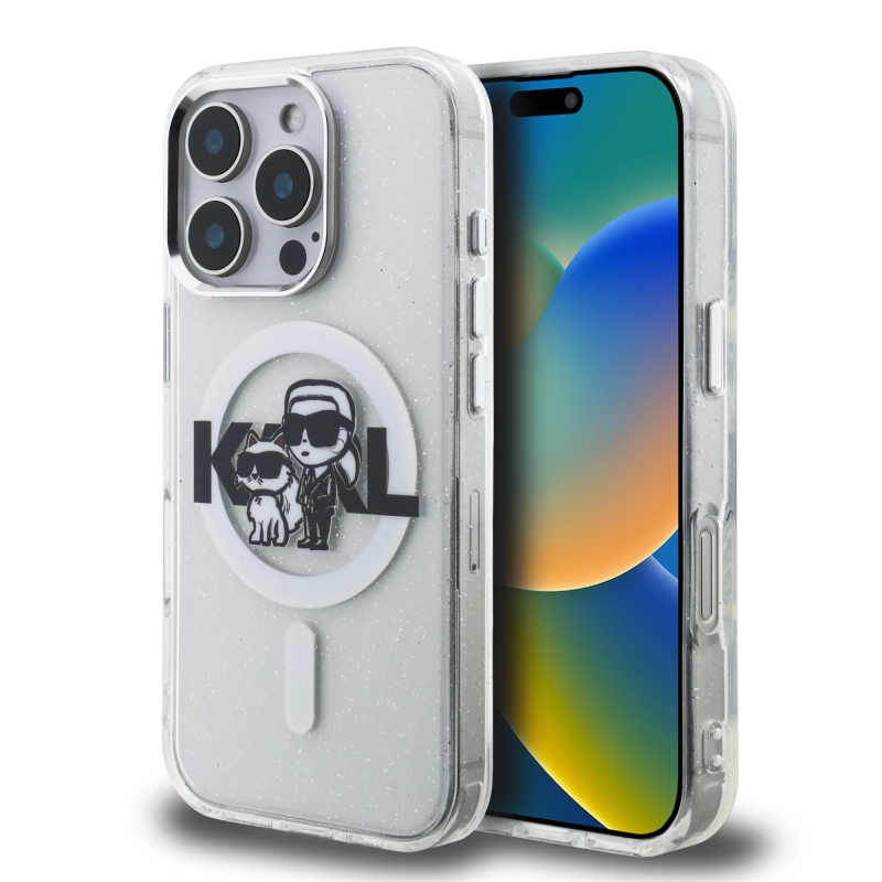 Karl Lagerfeld IML Glitter Karl és Choupette Sketch MagSafe hátlap iPhone 16 Pro Max átlátszóhoz