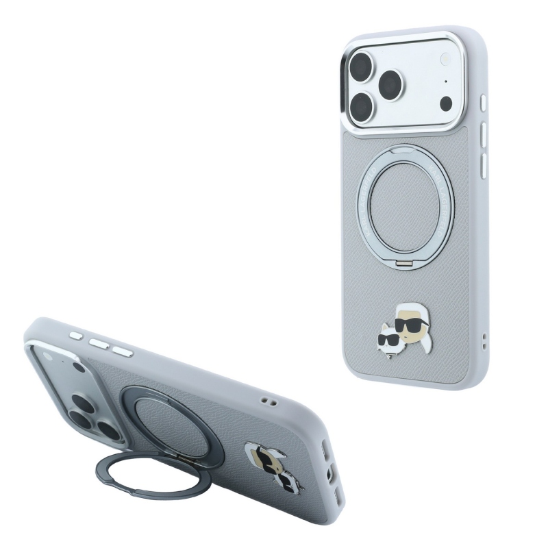 Karl Lagerfeld PU Grained K&CH Heads Ring Stand Magsafe hátsó tok iPhone 18 Pro-hoz, szürke