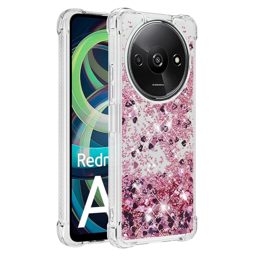 Glitter zselés homokóra hüvely Xiaomi Redmi A3-hoz - rózsaarany/szív