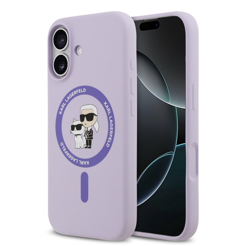 Karl Lagerfeld folyékony szilikon Karl és Choupette MagSafe hátlapi borító iPhone 17 lilára