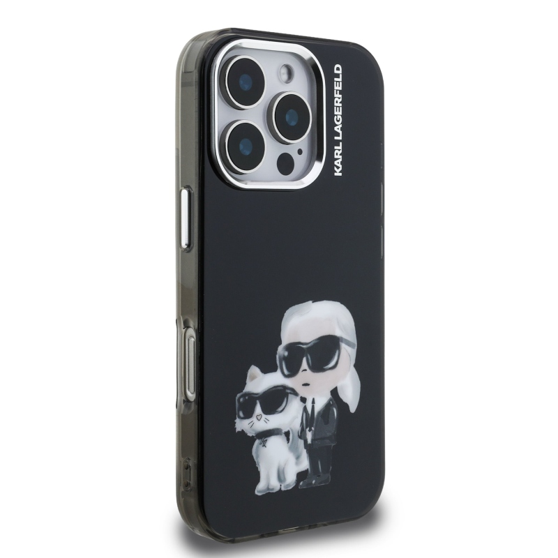 Karl Lagerfeld IML Aquarelle Karl és Choupette hátlapi borító iPhone 16 Pro Max készülékhez Fekete