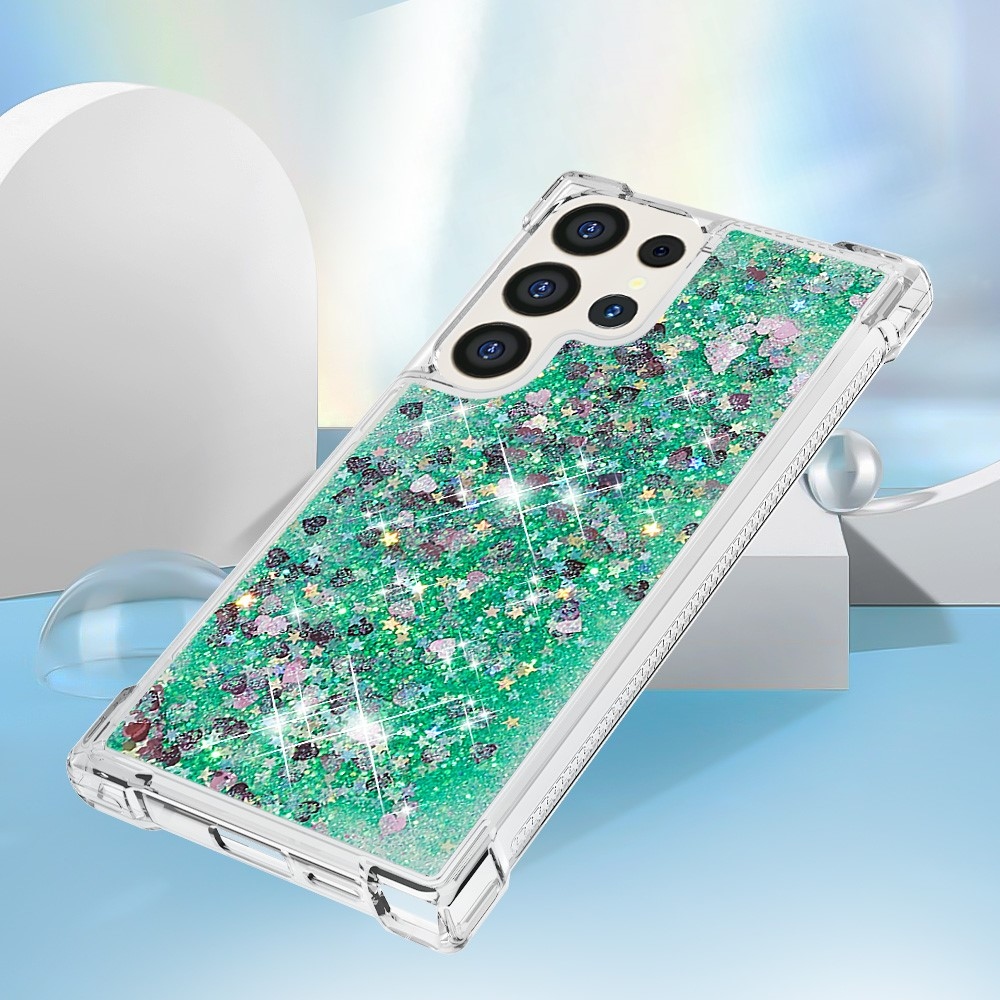 Glitter homokóra zselés tok Samsung Galaxy S24 Ultra készülékhez - zöld/szívek