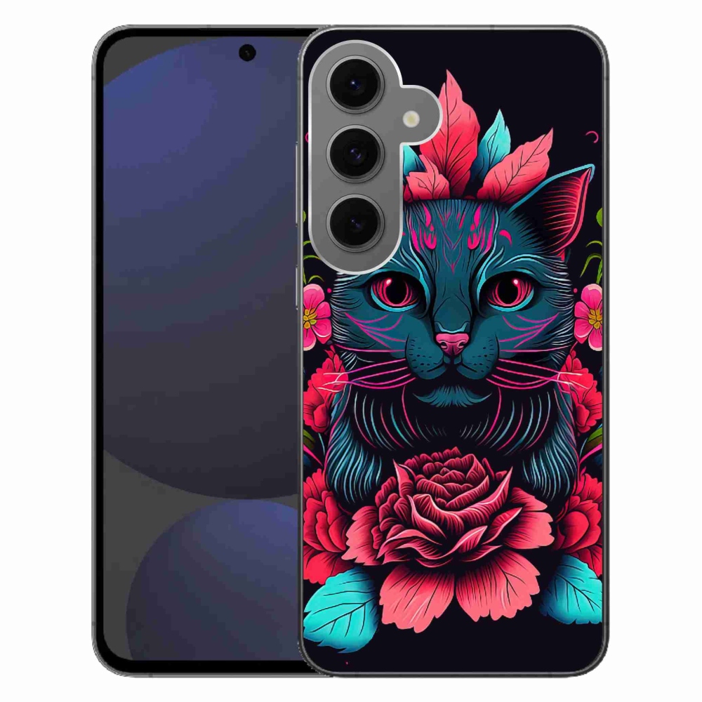 Zselés borító mmCase Samsung Galaxy S24 FE - virágok és macska