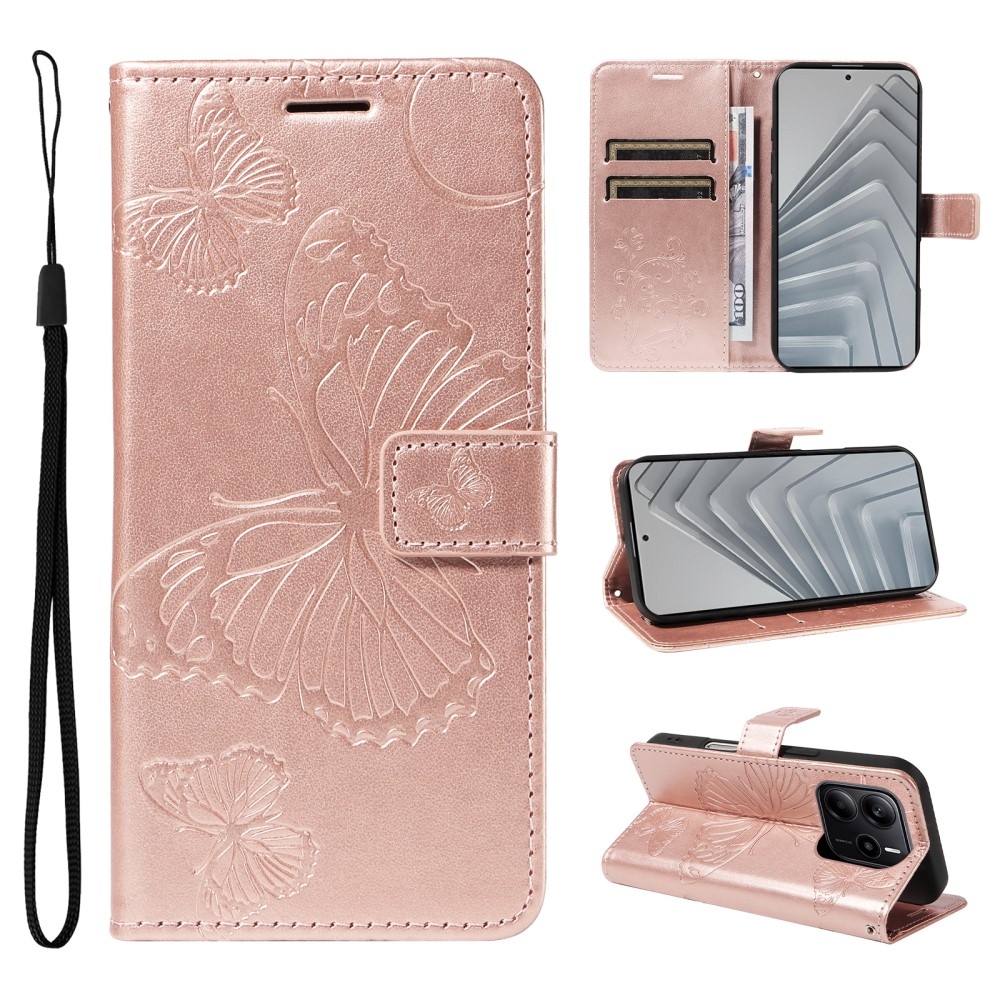 Nagy pillangó könyv tok Xiaomi Redmi Note 14-hez - rózsaarany