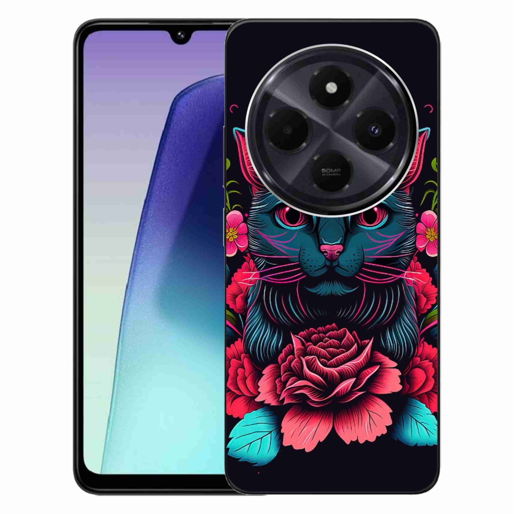 Gél borító mmCase a Xiaomi Redmi 14C/Poco C75 számára - virágok és macska