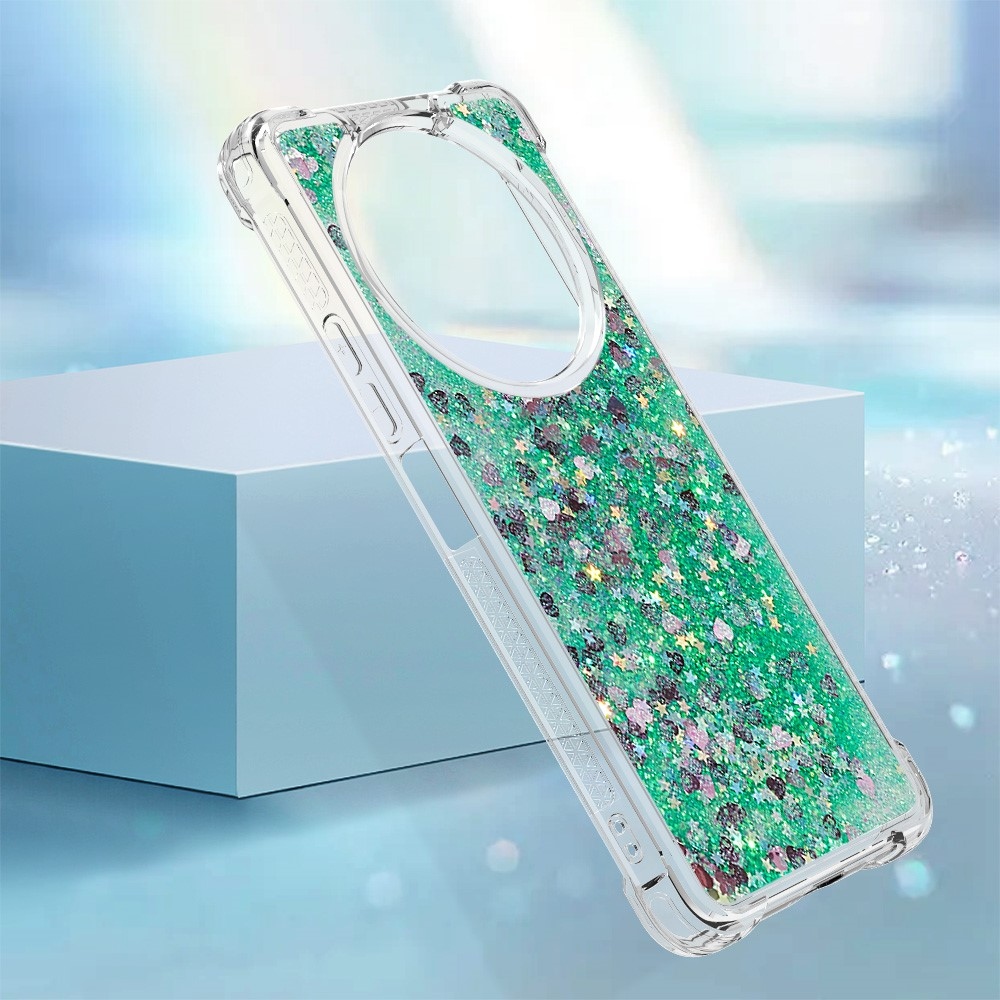 Glitter zselés homokóra tok Xiaomi Redmi A3-hoz - zöld/szívek