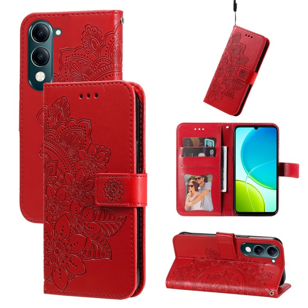 Virágos könyvtáska a Vivo Y29s 5G-hez - piros