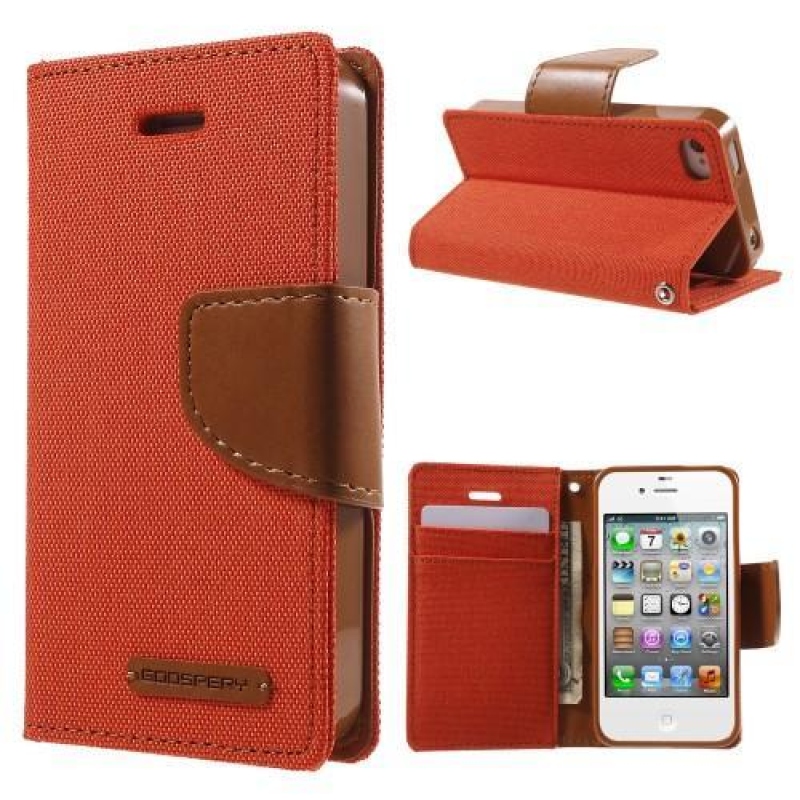 Vászon PU bőr/textil tok iPhone 4s és 4 készülékhez - narancssárga színű