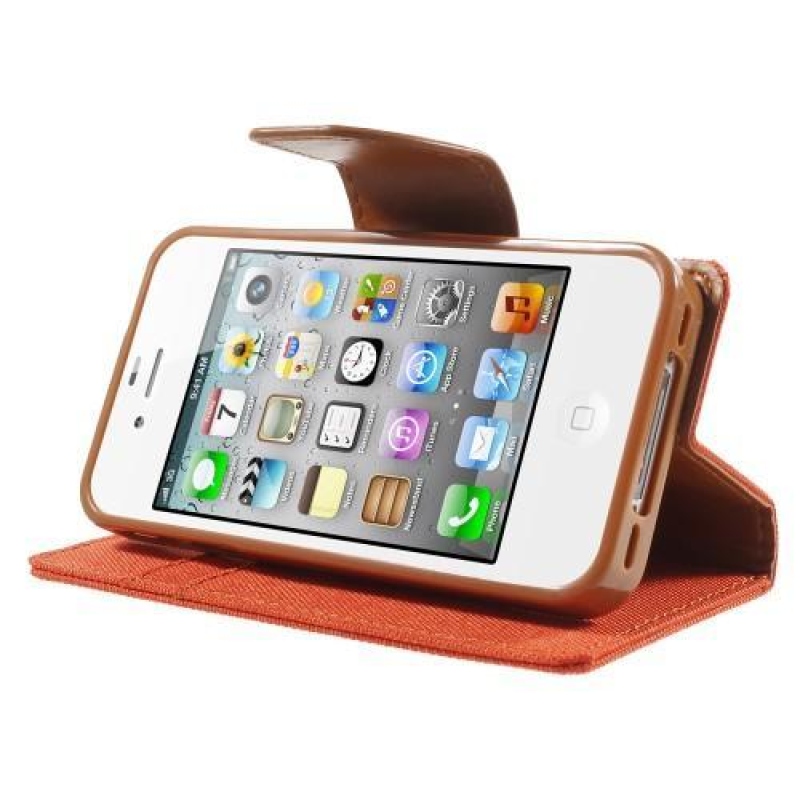 Vászon PU bőr/textil tok iPhone 4s és 4 készülékhez - narancssárga színű