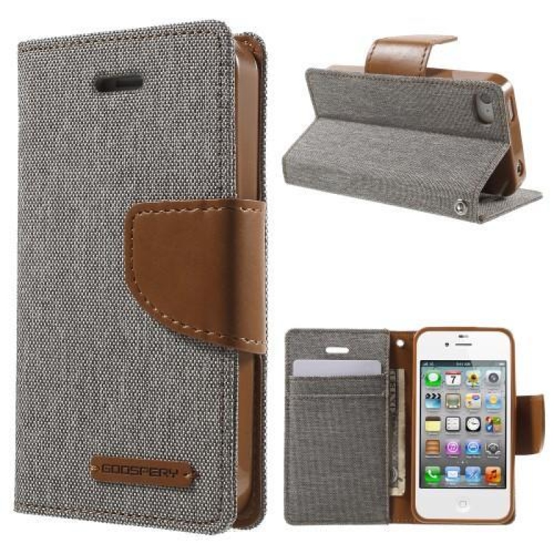 Vászon PU bőr/textil tok iPhone 4s és 4 készülékhez - szürke