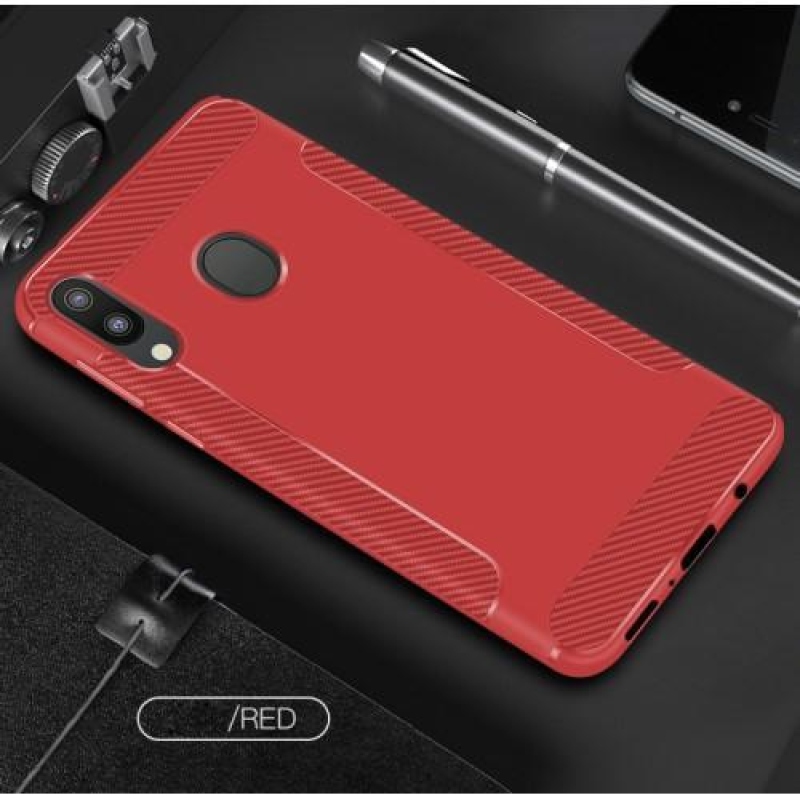 Szénszálas csúszásgátló zselés tok Samsung Galaxy M20-hoz - piros