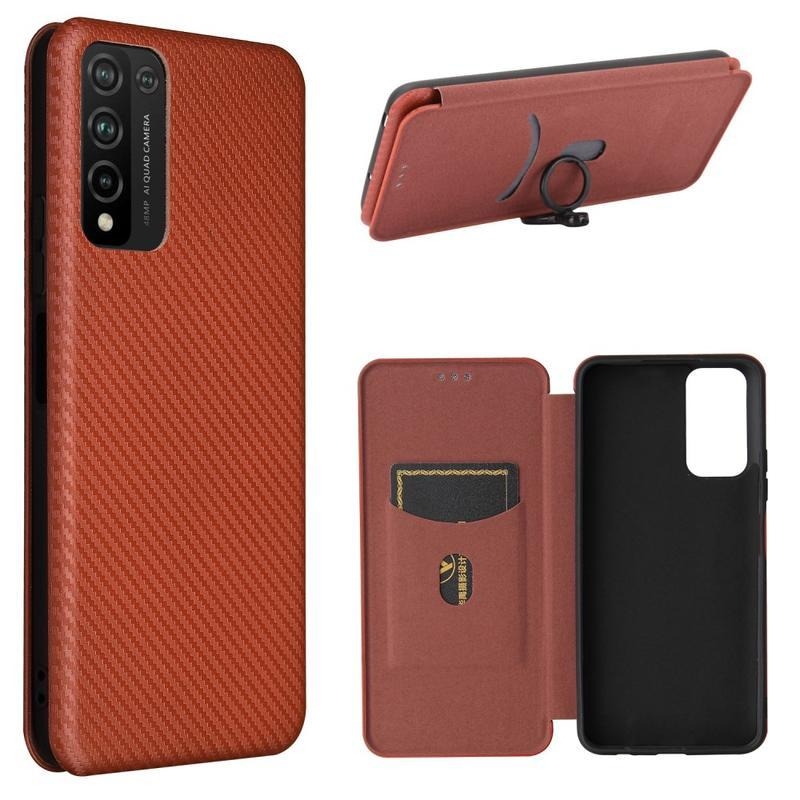 Karbon PU bőr pénztárca tok Honor 10X Lite-hoz - barna