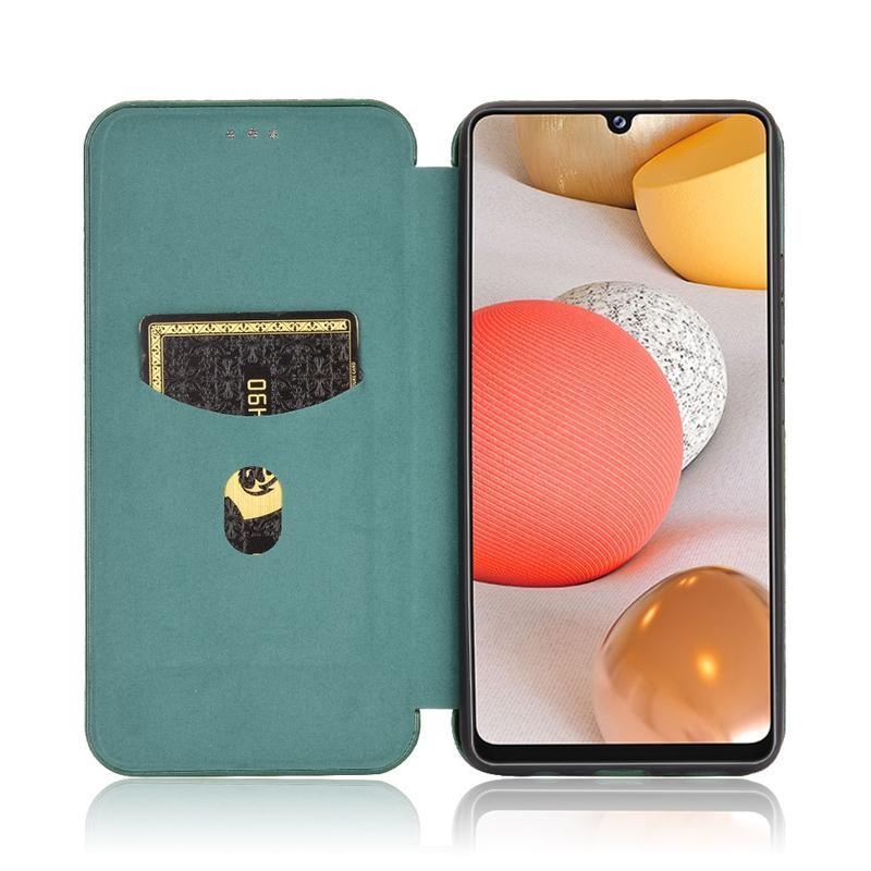 Karbon PU bőr pénztárca tok Samsung Galaxy A42 5G-hez - zöld