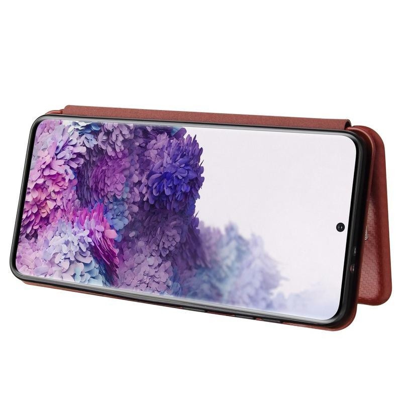 Karbon PU bőr pénztárca tok Samsung Galaxy S21-hez - barna