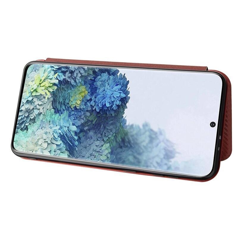 Karbon PU bőr pénztárca tok Samsung Galaxy S21 Plus-hoz - barna