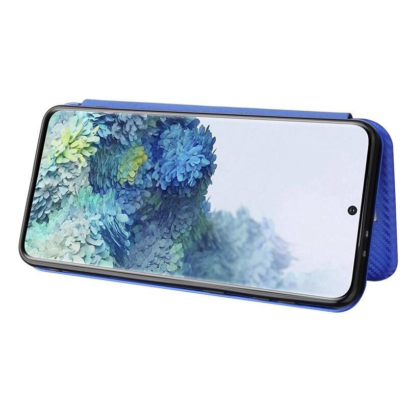 Karbon PU bőr pénztárca tok Samsung Galaxy S21 Plus-hoz - kék
