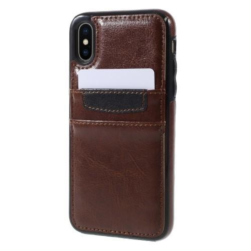 Kártya zselés tok PU bőr hátlappal és rekeszekkel iPhone X készülékhez - barna