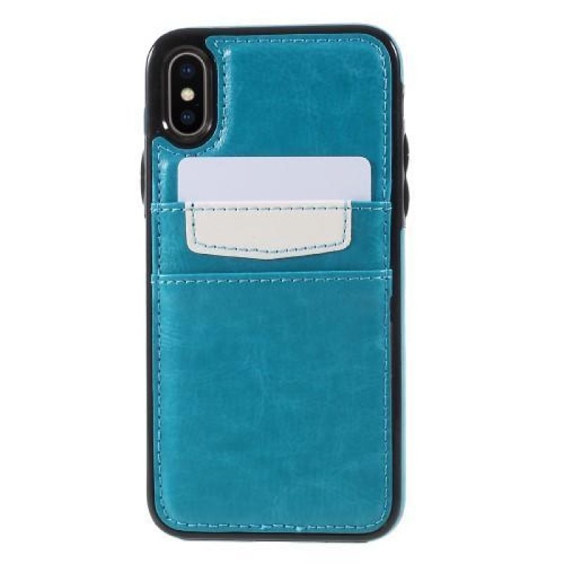 Kártya zselés tok PU bőr hátlappal és rekeszekkel iPhone X készülékhez - kék