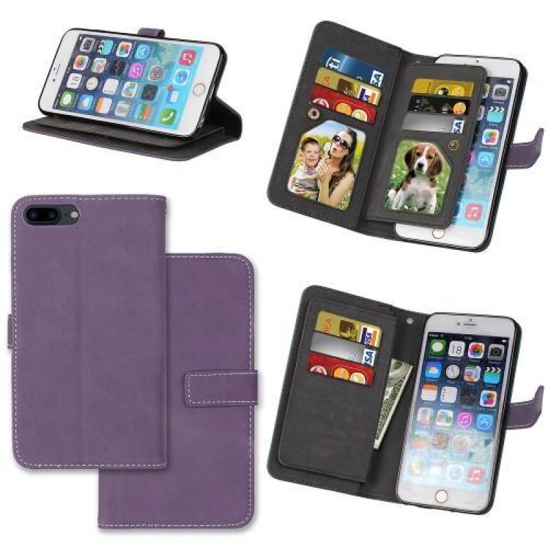Kártyák PU bőr tok kilenc rekesszel iPhone 7 Plus és 8 Plus készülékhez - lila