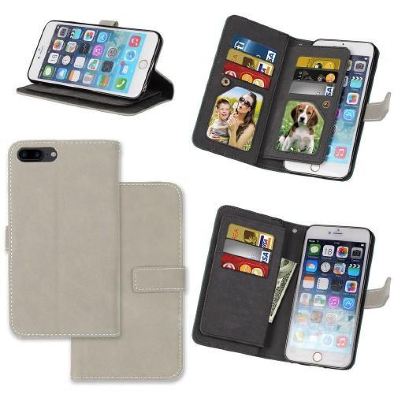 Kártyák PU bőr tok kilenc rekesszel iPhone 7 Plus és 8 Plus készülékhez - szürke