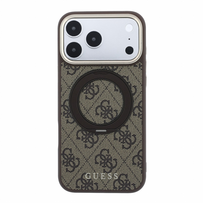 Guess PU 4G Ring Stand MagSafe hátsó tok iPhone 18 Pro Max-hoz, barna