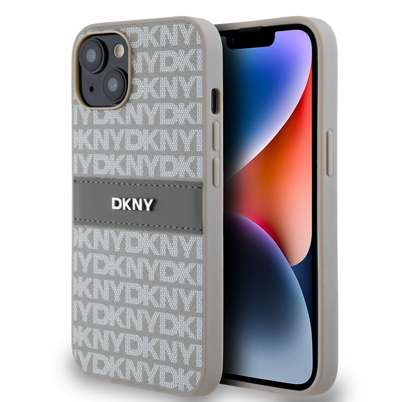DKNY PU bőr ismétlődő mintás tonális csíkos hátlapi borító iPhone 14 bézs színű készülékhez