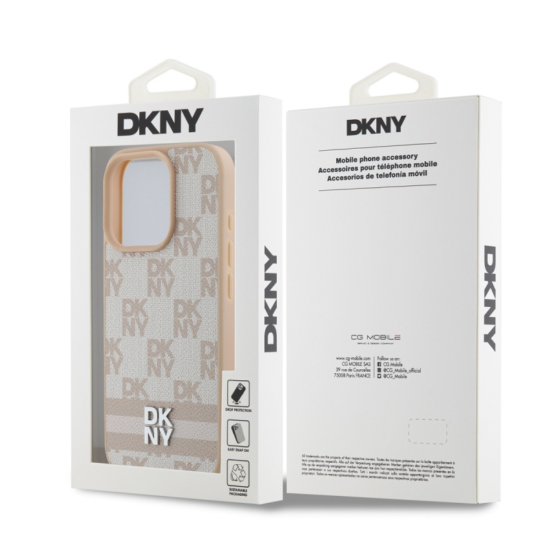 DKNY PU bőr kockás mintás és csíkos hátlapi borító iPhone 16 Pro Max rózsaszínhez