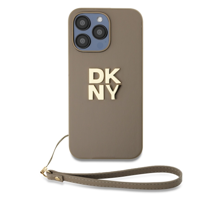 DKNY PU bőr Stack Logo csuklópánt hátlapi borító iPhone 14 Pro Max bézs színűre