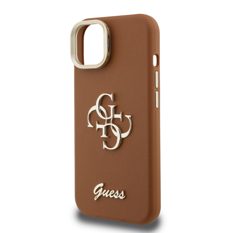 Guess PU szemcsés 4G Logo Stand Kamera keret hátlapi borító iPhone 13-hoz Barna barna
